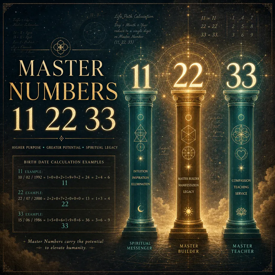Life Path Master Numbers 11, 22 and 33 shown as numerology pillars