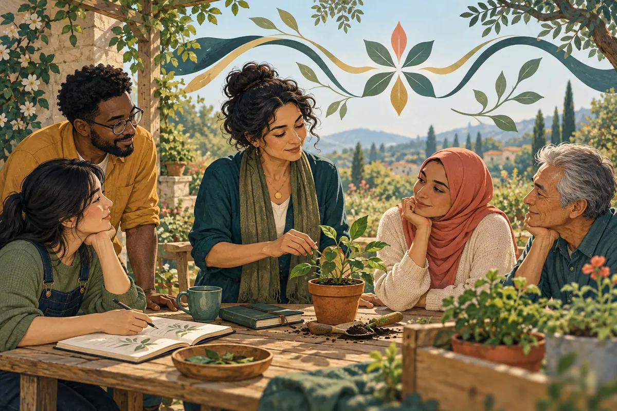 A thoughtful mentor sharing practical guidance with a small community around a garden table