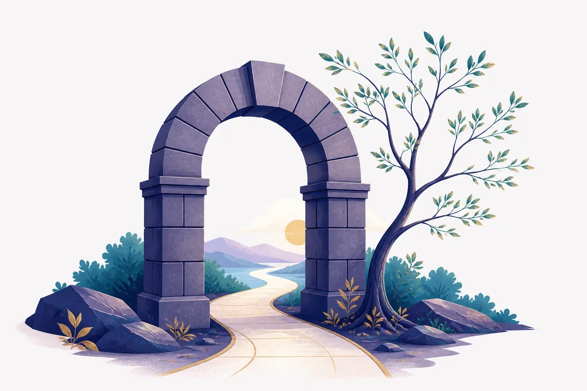 Editorial illustration of a stone arch and flexible tree representing structure with openness to change