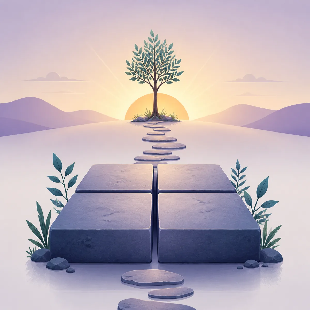 Editorial illustration of a stable stone path leading to a growing tree for Life Path Number 4
