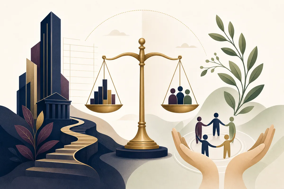 Editorial illustration showing Life Path 8 balancing a strong central pillar with work, relationships, and rest