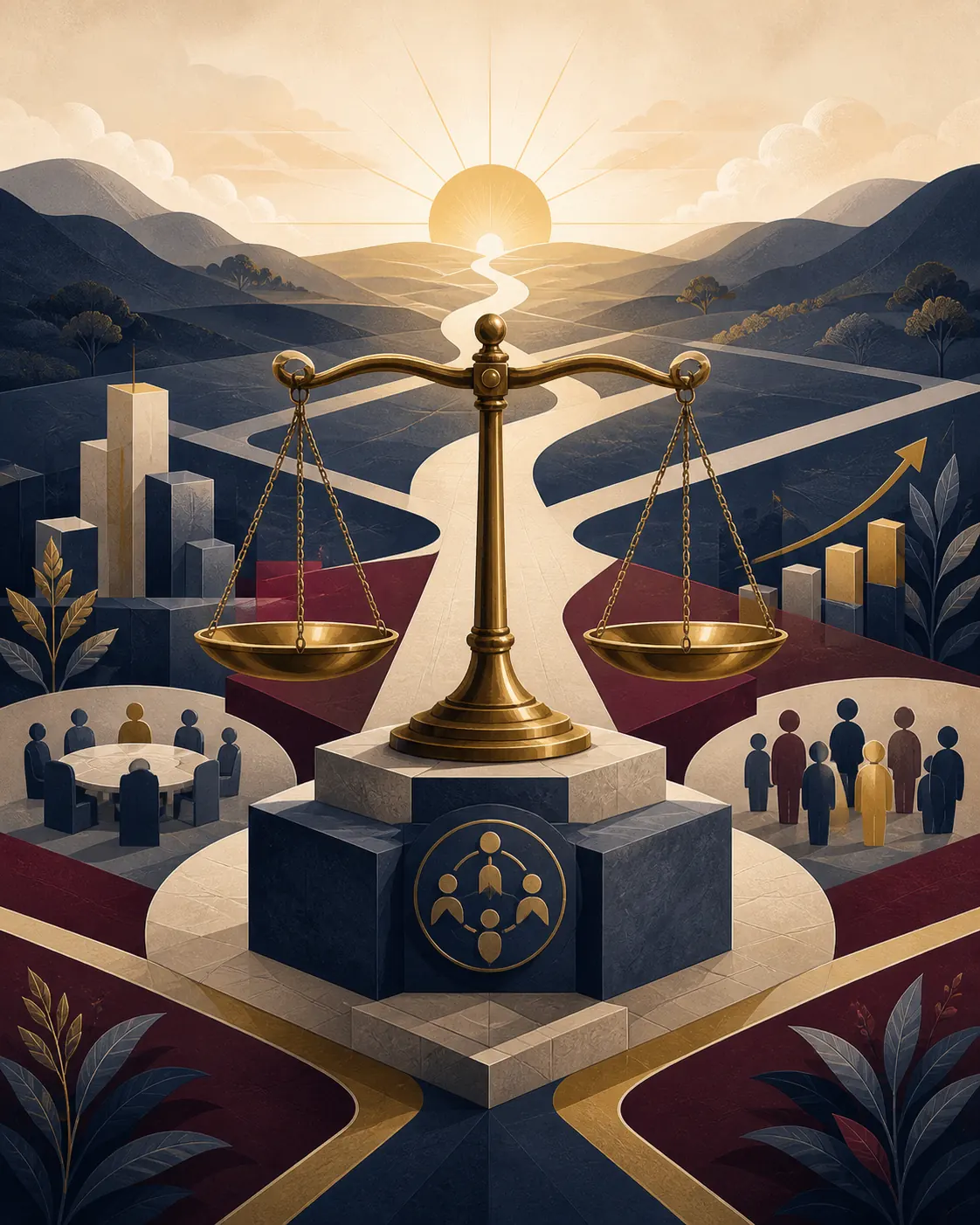 Editorial illustration of Life Path Number 8 as a balanced path between ambition, structure, and achievement