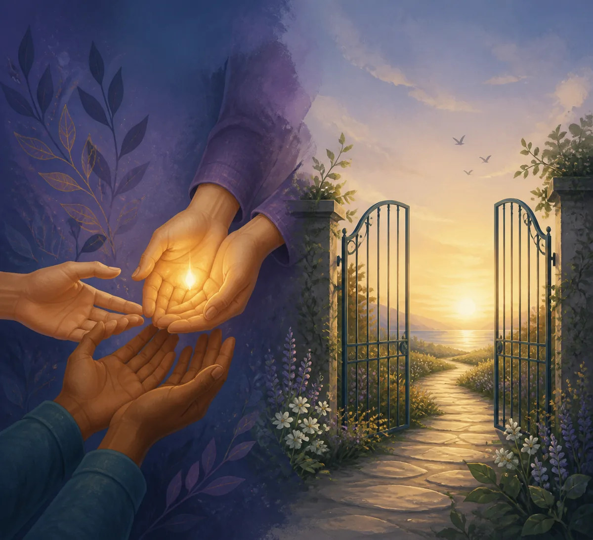 Editorial comparison of Life Path 9 compassion and healthy boundaries through helping hands and an open gate