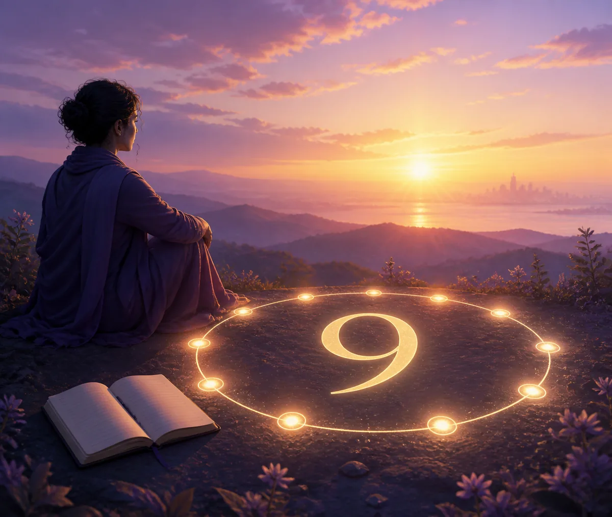 Life Path Number 9 shown as a reflective figure beside a glowing circle and sunrise path